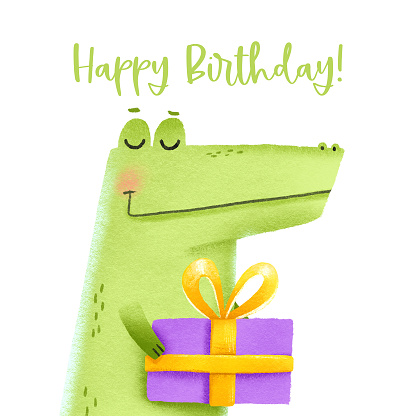 Holiday card with a green crocodile with a gift box and a big bow. Cartoon hand drawn character. Wild animals. Happy birthday. Isolated illustration