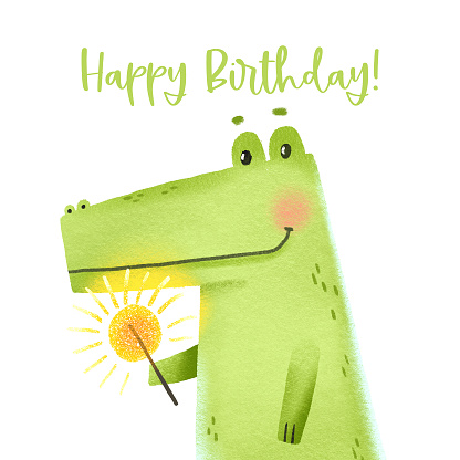 Holiday card with a green crocodile with a sparkler. Cartoon hand drawn character. Wild animals. Happy birthday. Isolated illustration