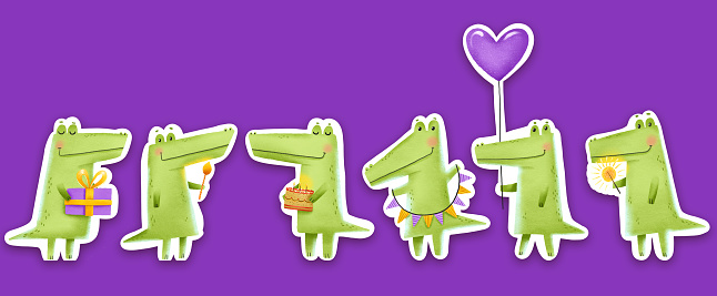 A set of holiday stickers with a white outline. Crocodiles with cakes, balloons and gifts. Cartoon hand drawn character. Wild animals. Happy birthday. Isolated illustration on purple background