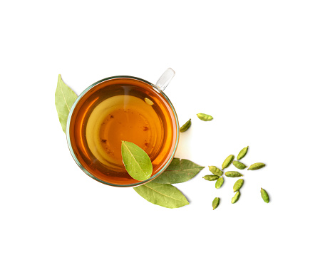 Bay Leaves Tea, Laurel Leaf Drink, Natural Spicy Bayleaf Infusion, Fragrant Beverage, Aromatic Spice, Dry Natural Tonic Energy Drink, Bay Leaves Tea on White Background