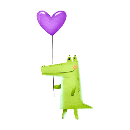 Cartoon crocodile holding a heart-shaped balloon. Children's hand drawn birthday illustration. Great for greeting cards, baby shower, cards