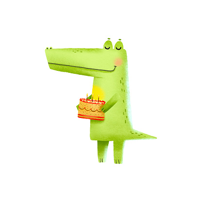 A cartoon crocodile holds a delicious cake in his hands. Hand-drawn illustration. Aligator celebrates his birthday. Happy birthday. Great for greeting cards, baby shower, cards