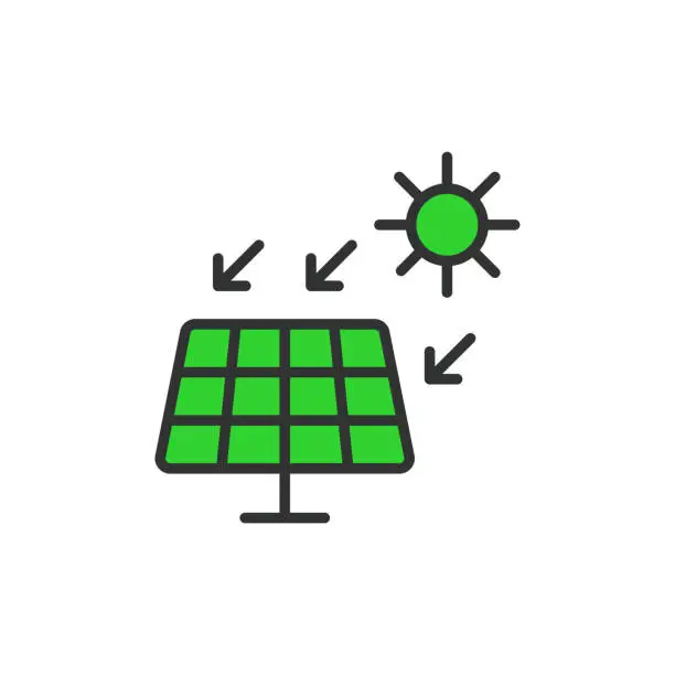 Vector illustration of Solar panel with the sun icon in line design green. Panel, sun, power, renewable, photovoltaic, electricity, solar power isolated on white background vector. Solar panel editable stroke icon.