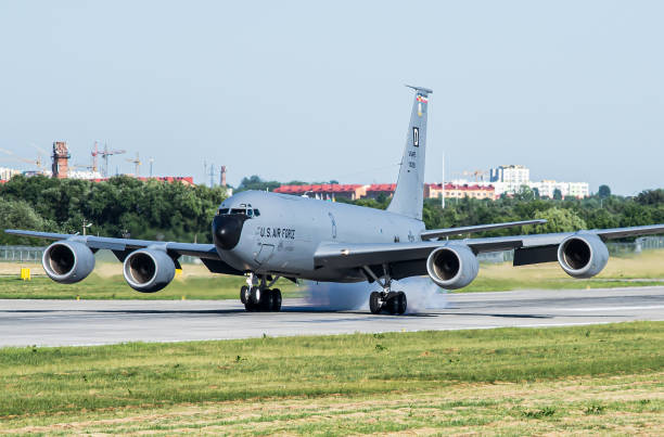US Air Force Boeing KC-135 Stratotanker touching down on the runway in Lviv after a training flight