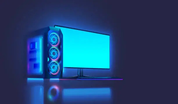 Vector illustration of Modern powerful game desk computer in dark. Luminous case of gaming PC with an empty monitor, keyboard on desk. Neon light of gaming PC. Desktop computer with blank screen. Gamer Rig with rgb lights.