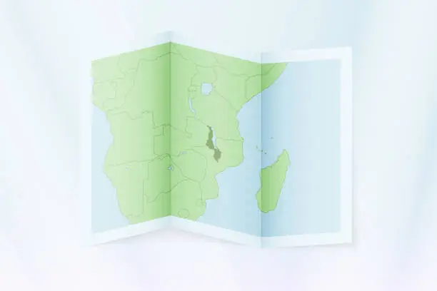 Vector illustration of Malawi map, folded paper with Malawi map.