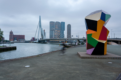 Rotterdam, Netherlands, Nederland, South Holland, Benelux,  Erasmus bridge on the Nieuwe Maas river\nThe skyline of Rotterdam