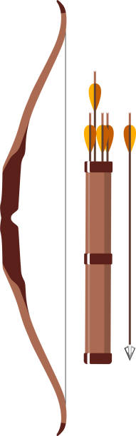 Traditional Hunting Wooden Bow and Quiver with Arrows Isolated Icon in Flat Style. Vector Illustration. Traditional Hunting Wooden Bow and Quiver with Arrows Isolated Icon in Flat Style. archery range stock illustrations
