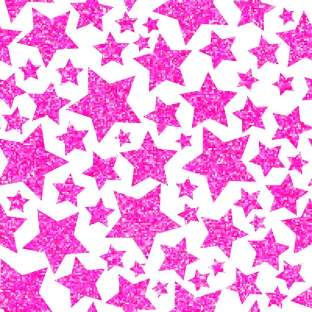 Vector illustration of pink pink stars on white background. Random stars. Vector seamless pattern. Pink glitter