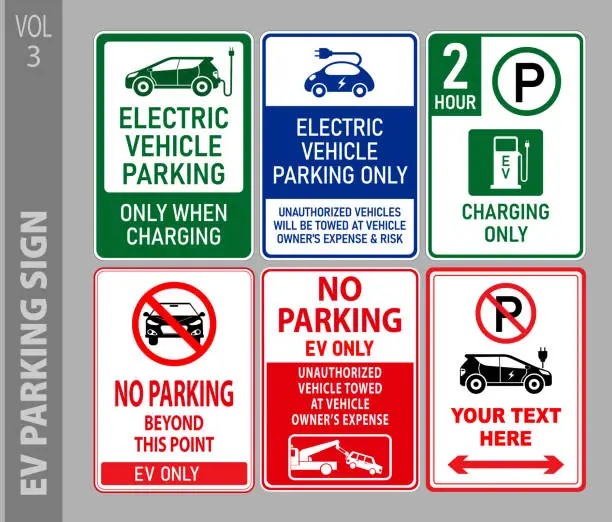 Vector illustration of set of electric vehicle EV charging procedure sign. 3D Illustration