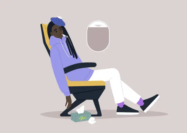 Vector illustration of A young adult sick with flu and fever in the airplane chair, an ice bag resting on their forehead