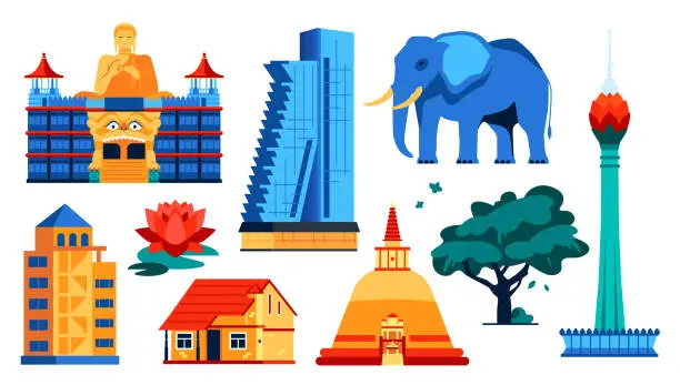 Vector illustration of Sights of Sri Lanka - flat design style objects set