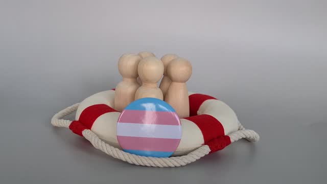 Depicts a group of wooden peg people arranged inside a life ring, with a transgender flag button in the center