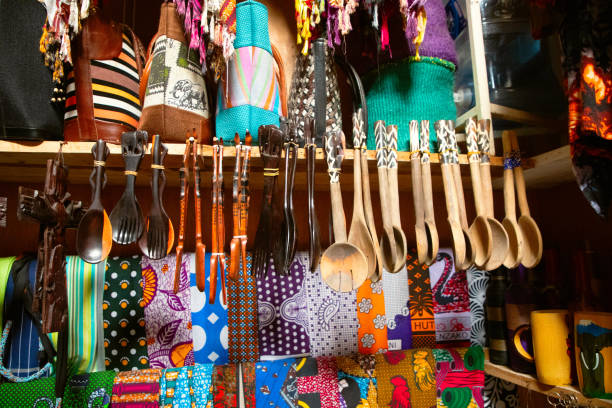 Traditional Tanzanian wooden crockery for sale in street shop in Tanzania