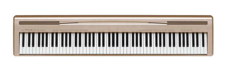 Piano keyboard background on stage playing live music at gig or concept for tuition, lessons and learning a musical instrument