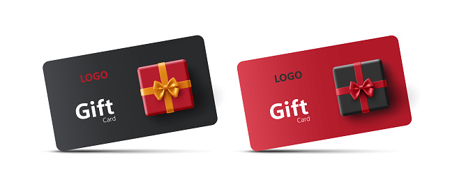 A set of gift cards with a gift box, top view. 3D. Loyalty program, bonus card. For concepts of marketing promotion of goods for holidays, birthdays. Vector EPS 10