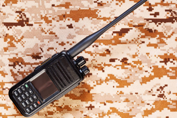 Black two-way radio with antenna on camouflage background