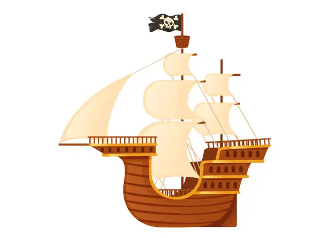 Vector illustration of Wooden medieval pirate ship with white sails and black pirate flag galleon war wessel vector illustration isolated on white background