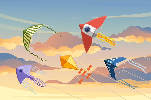 Group of kite soars in the sky flying colored toy vector illustration with cloudy evening sky on background.