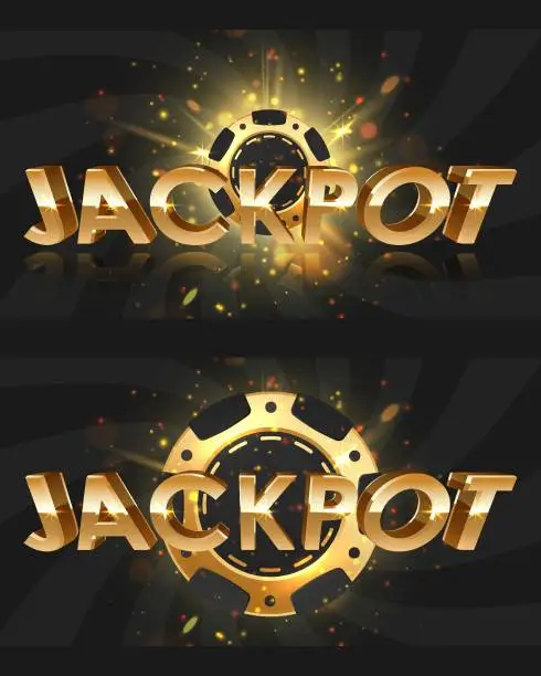 Vector illustration of Set of golden letters Jackpot with gold and black poker chip, token, and lights, rays, sparkles on black background. Concept for casino design. Vector illustration for postcard, web, advertising