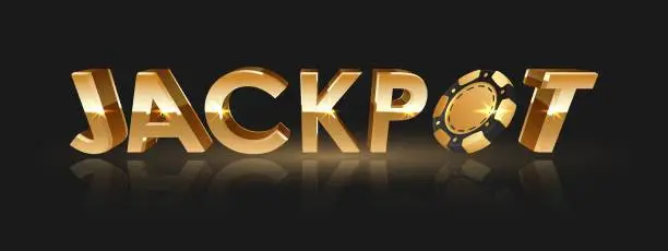 Vector illustration of Golden logo Jackpot with gold and black poker chip, token, and lights, rays, glare, sparkles on black background. Concept for casino design. Vector illustration for postcard, web, advertising