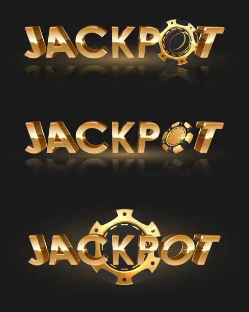 Vector illustration of Set of golden letterings Jackpot with gold and black poker chip, token on black background. Concept for casino design. Vector illustration for postcard, web, advertising
