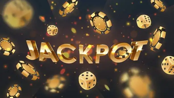 Vector illustration of Falling gold poker chips, tokens and dices with golden letters Jackpot on black background with golden glare, sparkles, bokeh. Vector illustration for casino, game design, advertising