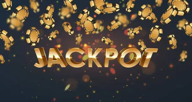 Vector illustration of Falling gold poker chips, tokens with golden letters Jackpot on black background with golden glare, sparkles, bokeh. Vector illustration for casino, game design, advertising