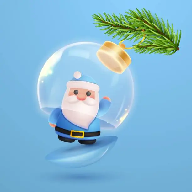 Vector illustration of Realistic 3d opened blue Christmas ball with glass dome and Santa inside and branch of fir, Christmas tree. Happy New Year Vector illustration for card, party, design, flyer, banner, web, advertising