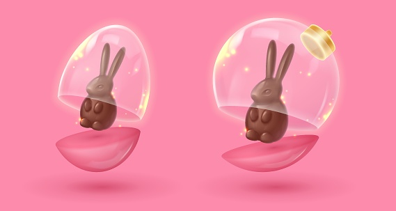 Flying pink egg and Christmas ball with glass dome and 2023 symbol  chocolate rabbit, bunny. Happy New Year Vector illustration for card, party, design, flyer, banner, web, advertising.