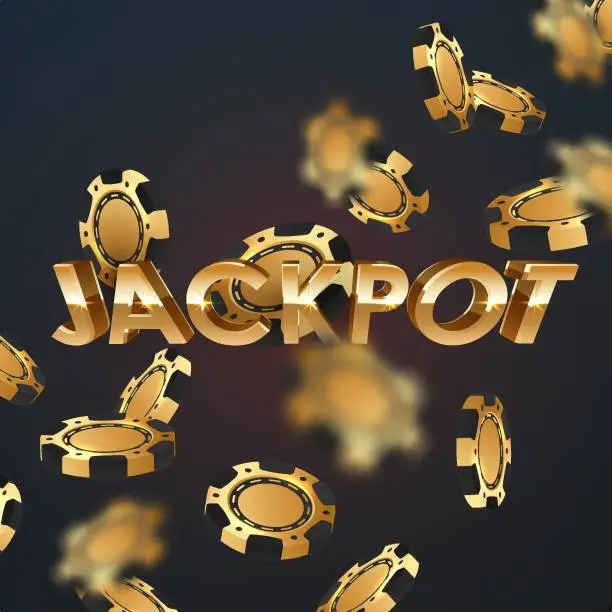 Vector illustration of Poster with falling gold poker chips, tokens with golden letters Jackpot on black background with golden glare, sparkles. Vector illustration for casino, game design, advertising