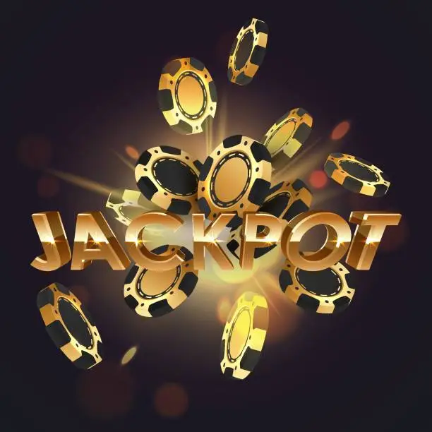 Vector illustration of Letters Jackpot with poker chips, tokens explosion, and lights, rays, glare on black background. Concept for casino design. Vector illustration for postcard, web, advertising