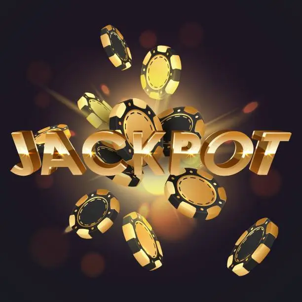 Vector illustration of Letters Jackpot with poker chips, tokens explosion, and lights, rays, glare on black background. Concept for casino design. Vector illustration for postcard, web, advertising