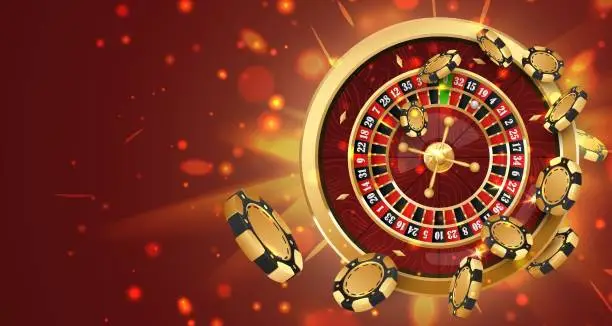 Vector illustration of Twist gold poker chips, tokens on  golden casino roulette wheel on red background with golden light, rays, glare, sparkles. Vector illustration for casino, game design, advertising