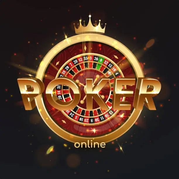 Vector illustration of Golden logo poker, roulette wheel with wood desk and cells, gold crown on black background with golden circles light, rays, glare, sparkles. Vector illustration for casino, game design, advertising