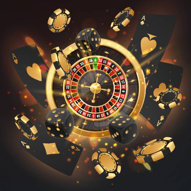 istock Explosion of black poker chips, tokens, playing cards, dices, casino roulette on black background with golden light, rays, glare, sparkles. Vector illustration for casino, game design, advertising 1992818848
