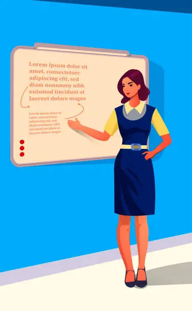 Vector illustration of Businesswoman holding light bulb idea pencil about to write business plan on whiteboard, writing business plan to list idea, strategy and develop plan to success and win business competition (Vector)