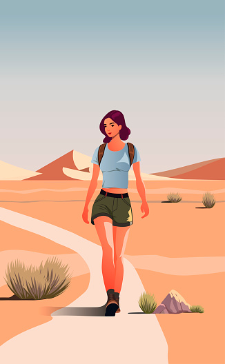 Woman tourist with backpack line. Young girl in desert with cactus. Active lifestyle, hiking and camping. Traveler at trip. Tourism and leisure outdoor. Linear flat vector illustration