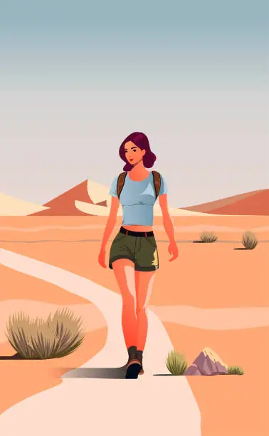 Vector illustration of Woman tourist with backpack line. Young girl in desert with cactus. Active lifestyle, hiking and camping. Traveler at trip. Tourism and leisure outdoor. Linear flat vector illustration