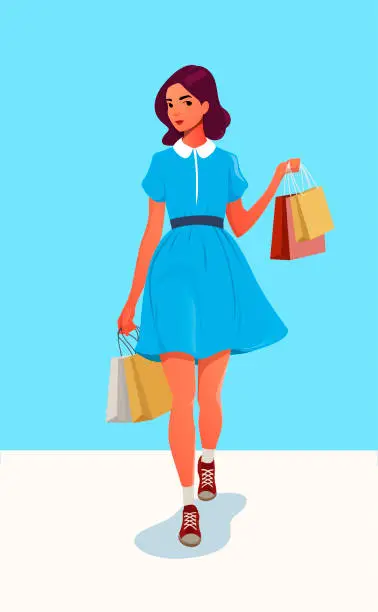Vector illustration of Young attractive fashionable woman holding packages with clothes after shopping. Isolated concept girl character with perfect style. Vector illustration.