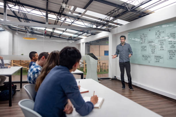Teacher giving an IT lesson and explaining a user experience diagram on the board