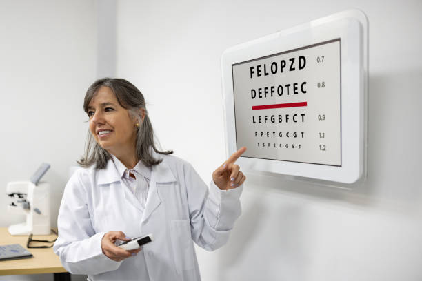 Happy ophthalmologist performing a medical exam and pointing at an eye chart - healthcare and medicine concepts