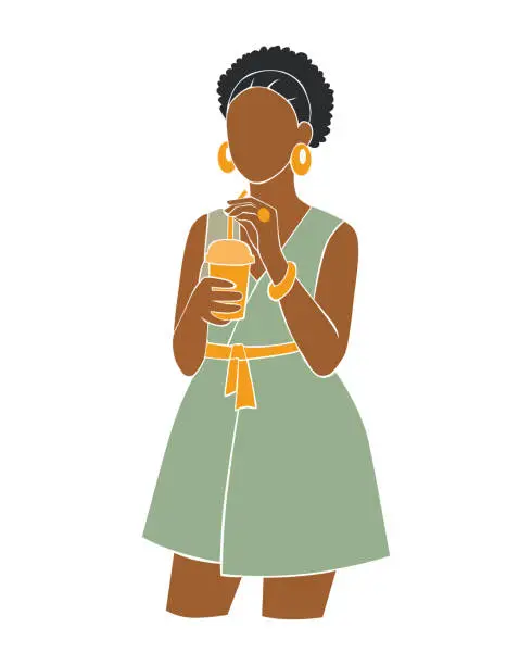 Vector illustration of Flat vector illustration of a young African-American woman in green dress holding juice in hands.