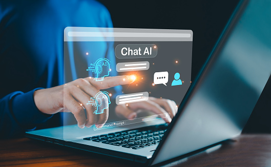 AI chatbot conversation using artificial intelligence technology smart robot AI, Generative AI, Answer, Businessman using AI to generate something, Customer support, laptop, assistant, Chat interface.