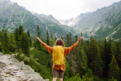 Young woman  hiking girl with backpacks. Hiking in nature. Sunny landscape. A young traveler travels along mountain paths. Adventure, travel concept.