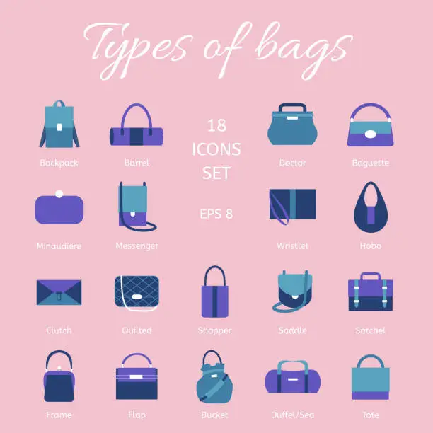 Vector illustration of A set of fashionable handbags on pink background.