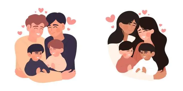 Vector illustration of Illustration of a married gay couple and lesbian couple with their children