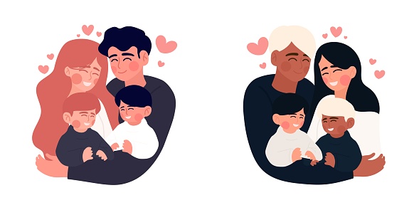 Two style Illustration of a male and female couple, husband and wife and their children