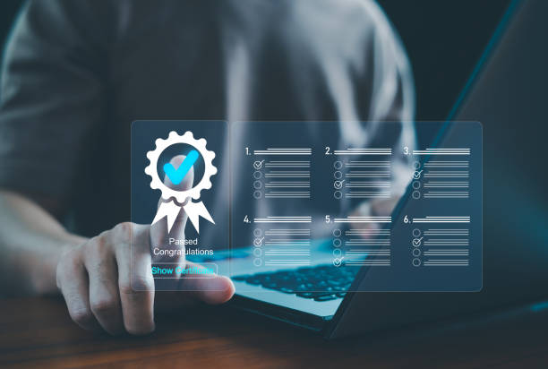 istock Online digital survey exam, audit, Test questionnaire, Businessman Take an assessment for certificates, questionnaire, Evaluation on internet websites, study, Filling out an online survey form. 1992891999