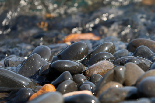 Close up shot of volcanic stones by the beach.